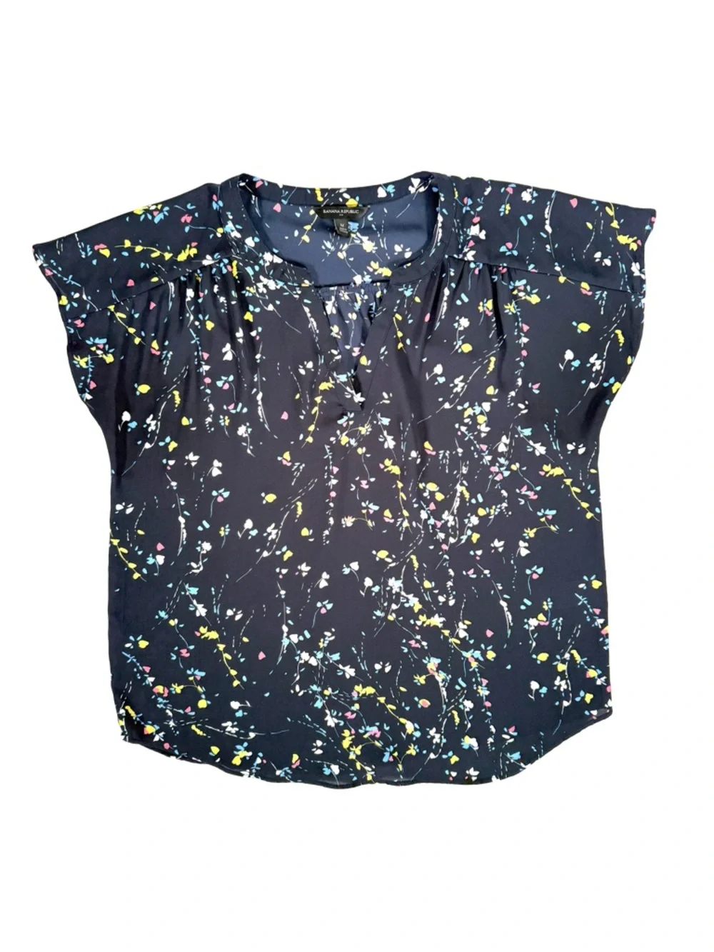 Banana Republic Navy Blue Wildflower Floral Flutter Sleeve V-Neck Blouse Sz M - Picture 11 of 11